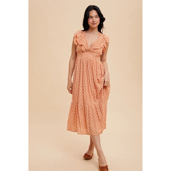 Loom Dresses & Skirts - BOUTIQUE BOHO Peach Floral Ruffle Flutter Sleeve Tiered Midi SUMMER Dress Size M